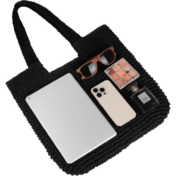 Women's A-black Large Straw Beach Bag Handmade Woven Shoulder Hobo Tote Handbag - Picture 3 of 6